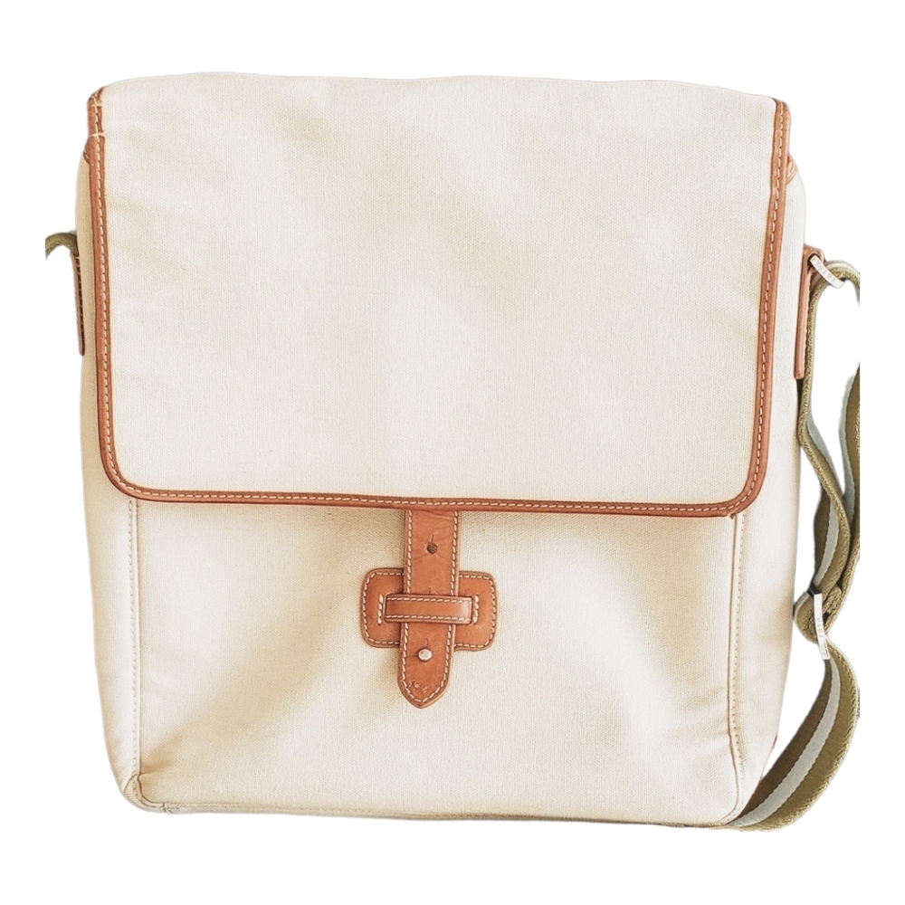 Rafe New York crossbody messenger Laptop work Bag Ivory canvas leather trim